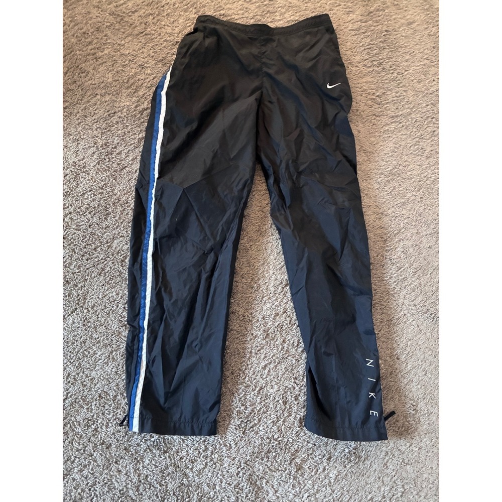 Vintage Nike Men's Track Pants Black Nylon Blue White Stripe Spellout Side Zip L